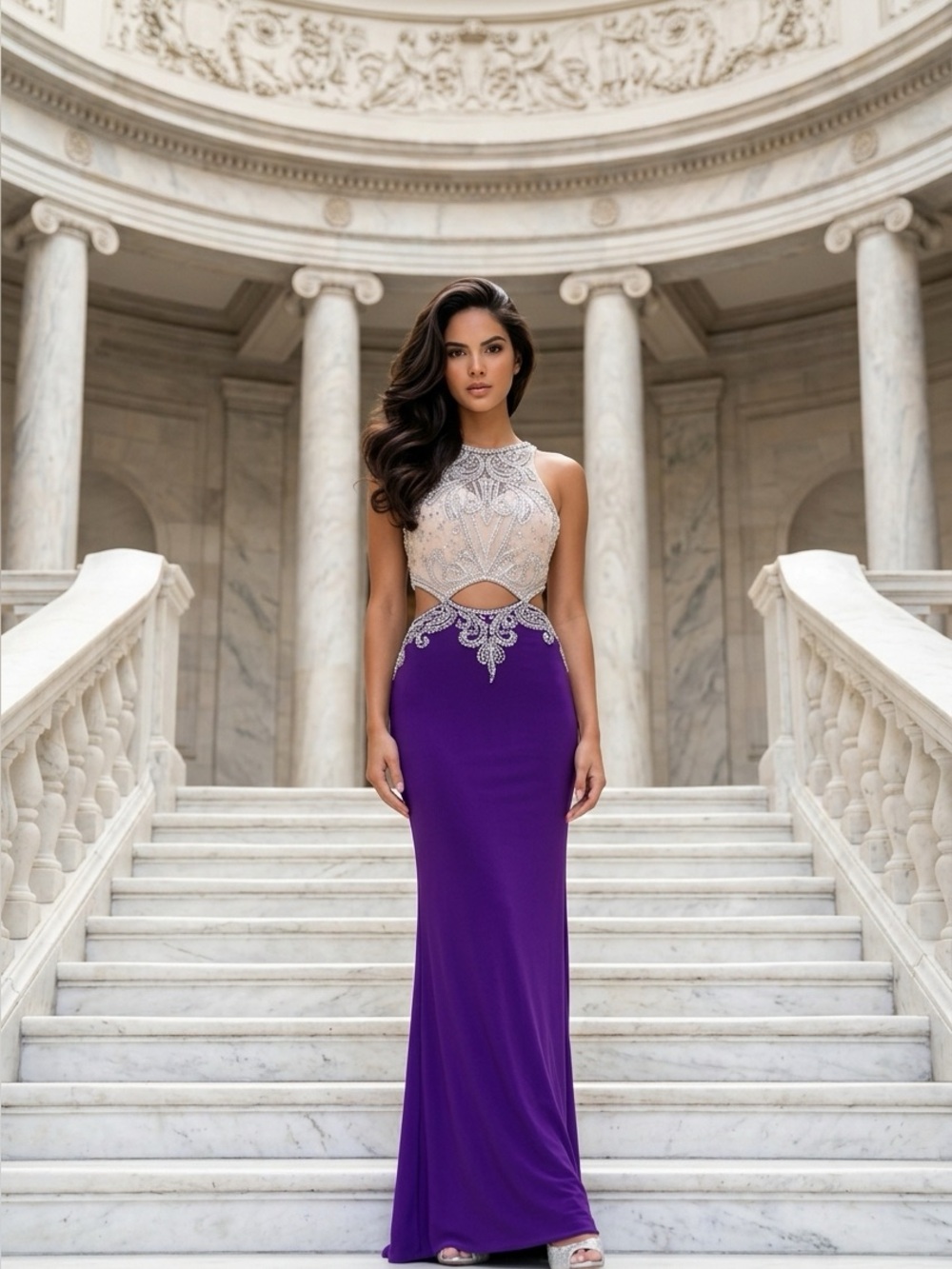 Elegant Purple and Cream Embellished Dress